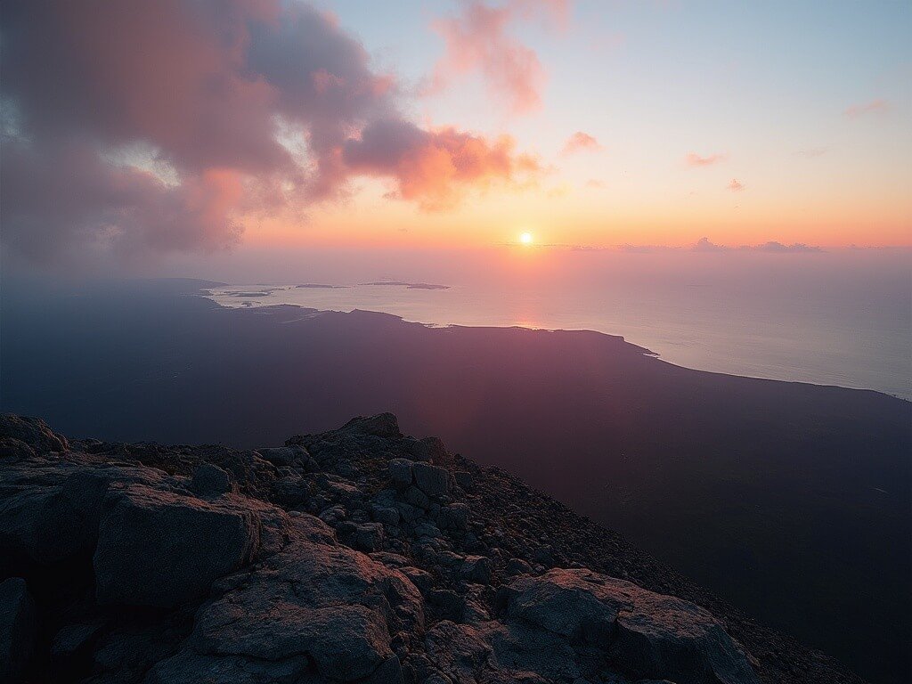 Dramatic sunrise at Cadillac Mountain's summit overlooking Frenchman Bay, Porcupine Islands, and the Atlantic Ocean with rocky terrain in the foreground