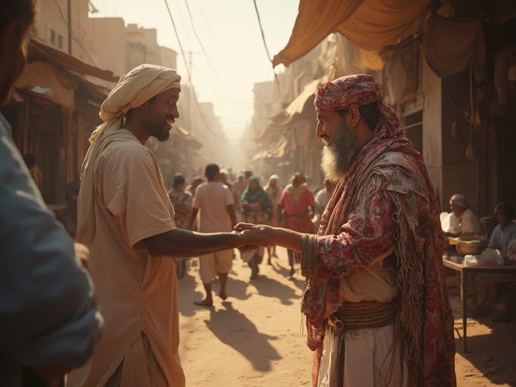 Egyptian tour guides interacting with tourists in vibrant Cairo street scene, traditional marketplace in background under warm lighting, depicting authentic cultural exchange and energy of modern Egyptian tourism