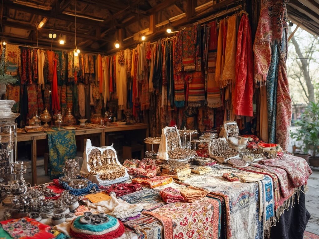Local artisan crafts including handwoven textiles, silver jewelry, and sustainable handicrafts displayed under warm lighting at the Made in Cambodia Market