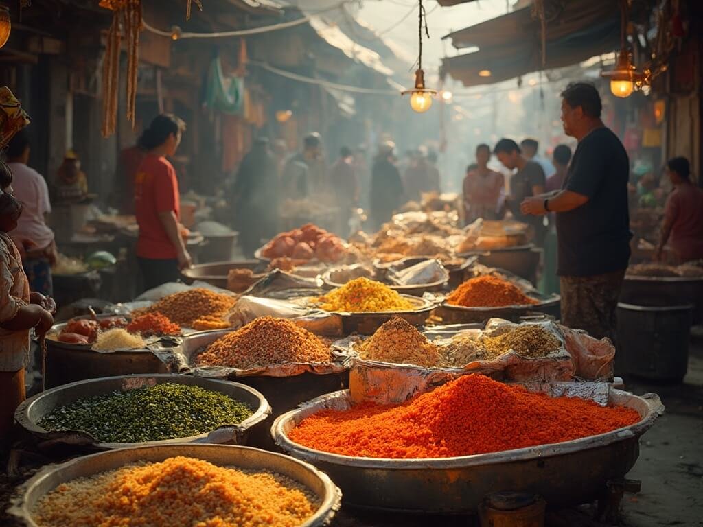 Bustling Cambodian market scene featuring vibrant spices, fresh produce, and local vendors at Psar Chas, with soft morning light filtering through the stalls