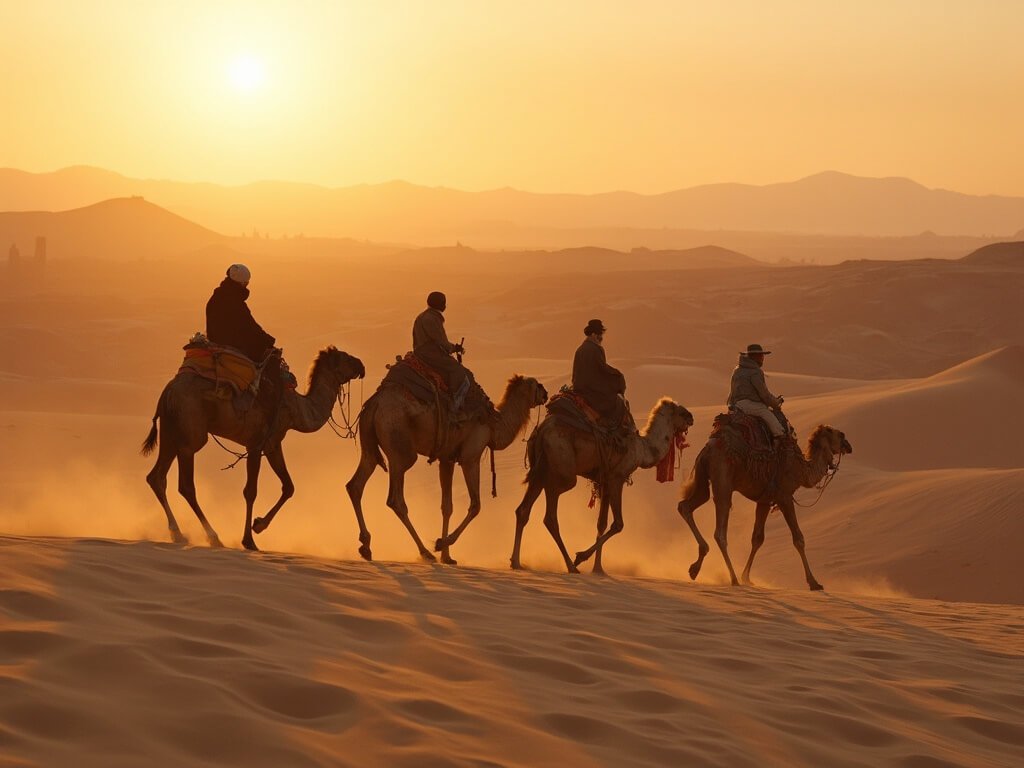 Camel caravan crossing sand dunes at sunrise, under soft golden light casting long shadows, with detailed sand textures and distant mountain silhouettes.