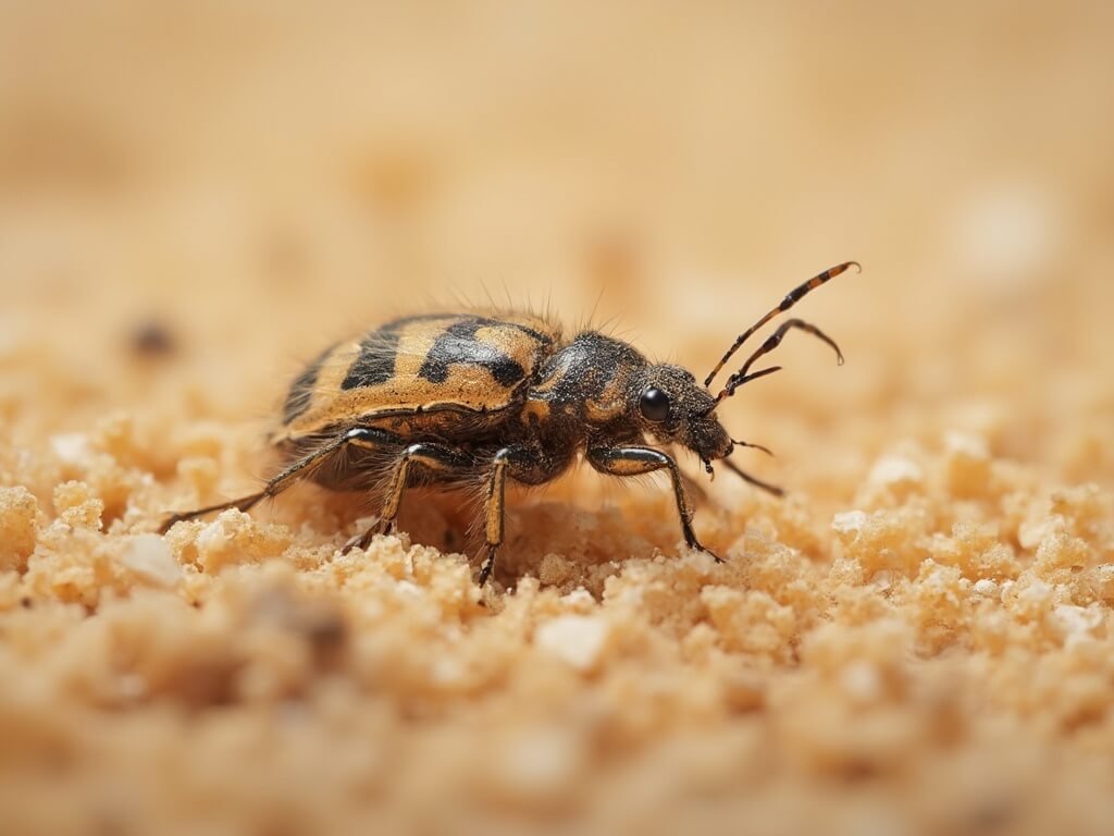 Macro shot of camouflaged beetle on textured sand in sun-drenched dune ecosystem
