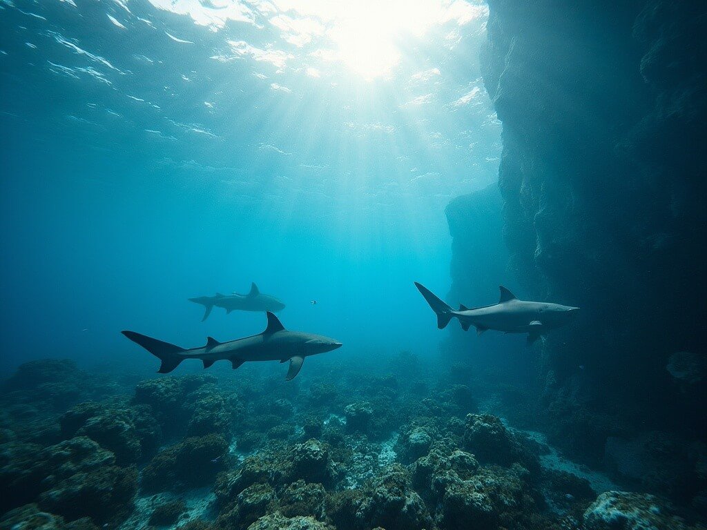 Caribbean reef sharks swimming near the Blue Hole's outer reef rim under sunlight filtering through water