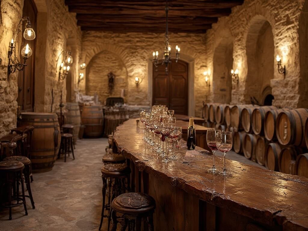 Elegant interior of Castello di Amorosa's historic wine tasting room with stone walls, medieval architecture, wooden wine barrels, ambient lighting, burgundy and oak colors, and ornate wine glasses on a rustic wooden counter