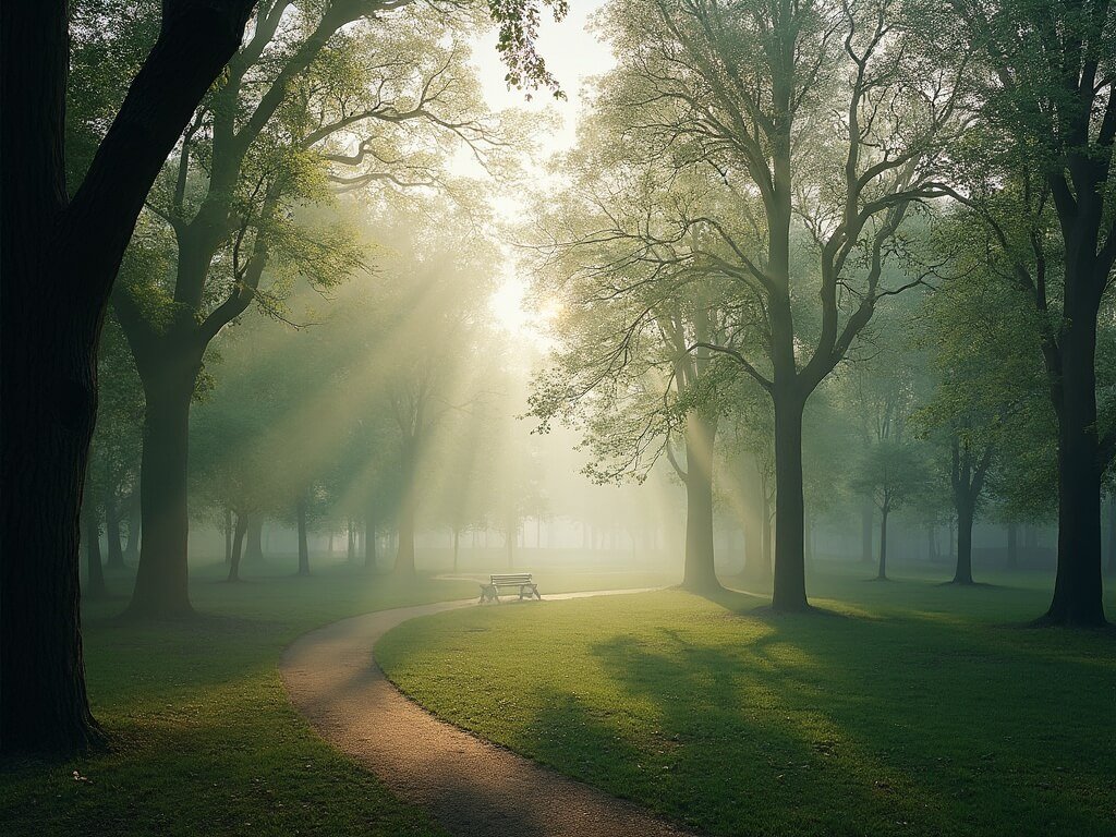 Early morning in Central Park with winding paths, mature trees shrouded in mist, and the blend of urban architecture with natural greenery under soft diffused light