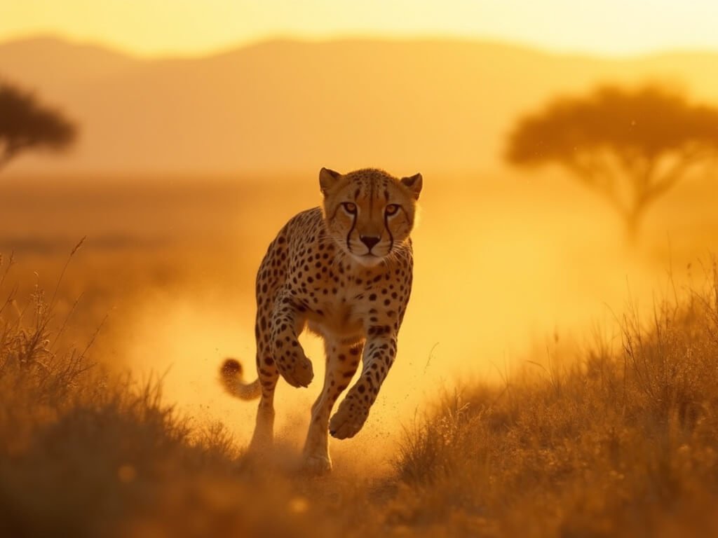 Majestic cheetah in mid-sprint across savannah grasslands during golden hour, with distant acacia trees in the background