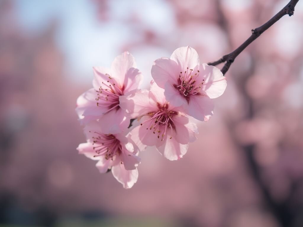 Close-up of a cherry blossom branch with detailed pink petals and a blurred springtime background