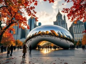 "Dramatic wide-angle view of Chicago's Cloud Gate sculpture reflecting skyline during golden hour, with autumn foliage and Art Institute in background."