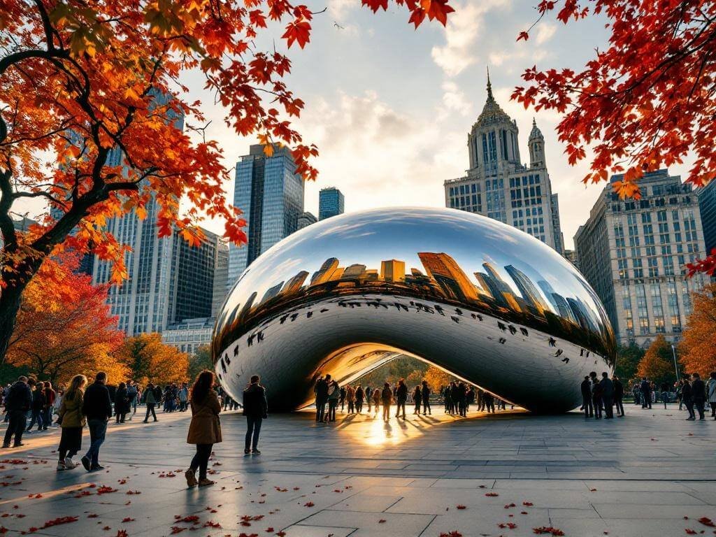 "Dramatic wide-angle view of Chicago's Cloud Gate sculpture reflecting skyline during golden hour, with autumn foliage and Art Institute in background."