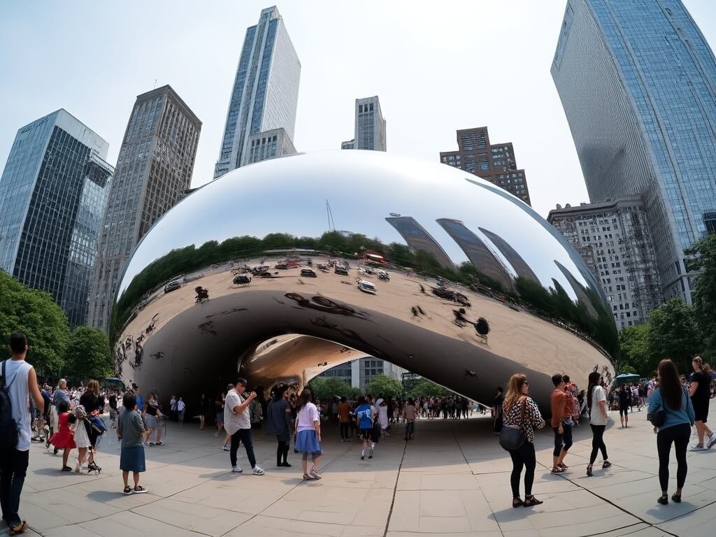 Wide-angle view of Millennium Park's Cloud Gate sculpture mirroring the Chicago skyline and diverse crowd