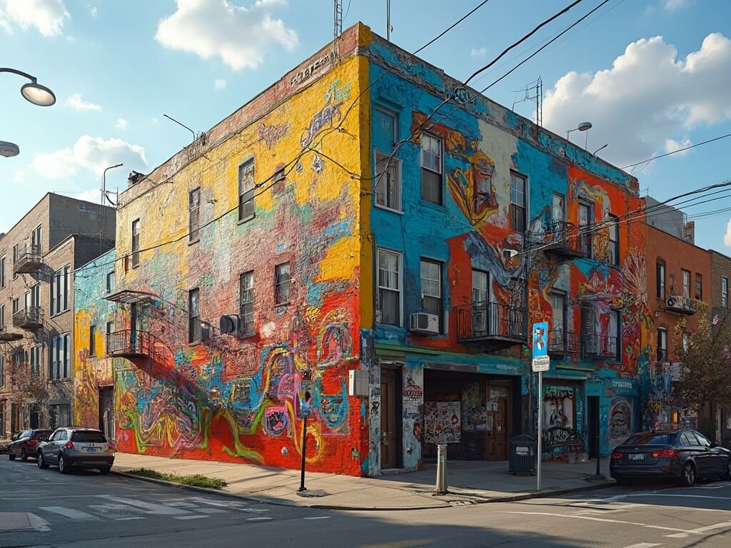 Photorealistic Mexican mural in Pilsen, Chicago depicting intricate cultural details with vibrant colors and soft afternoon shadows
