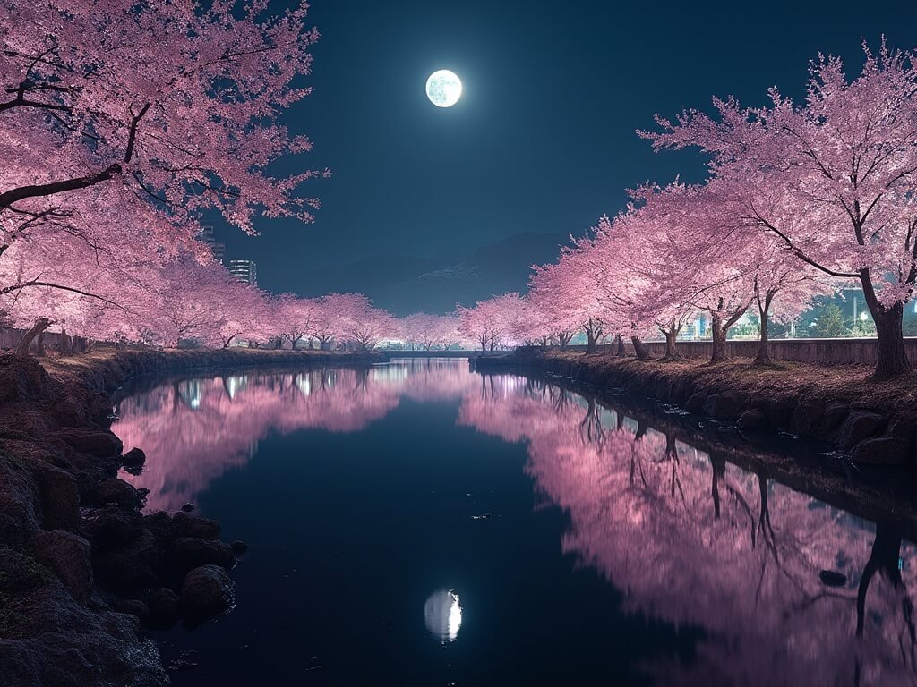 Illuminated cherry blossom trees at Chidorigafuchi at night, their reflection in calm water under moonlight and artificial lighting