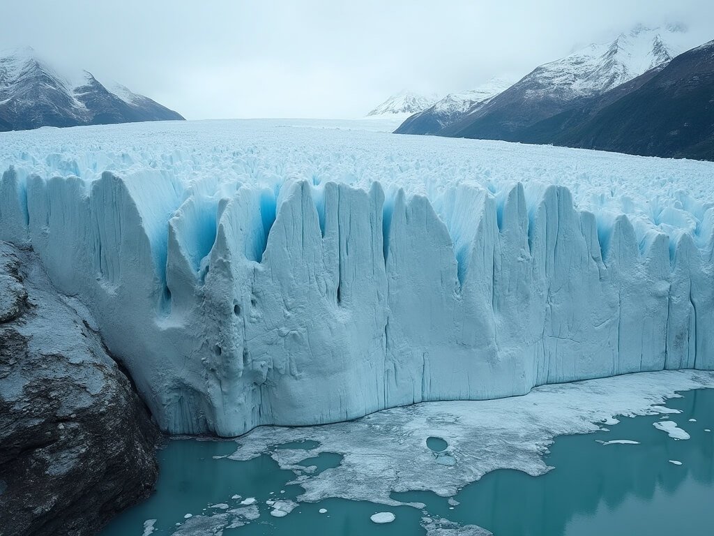 Documentary-style photo illustrating climate change effects, featuring a retreating glacier, visible erosion lines, melting ice formations, and signs of ecosystem transformation in cool blue and gray hues.