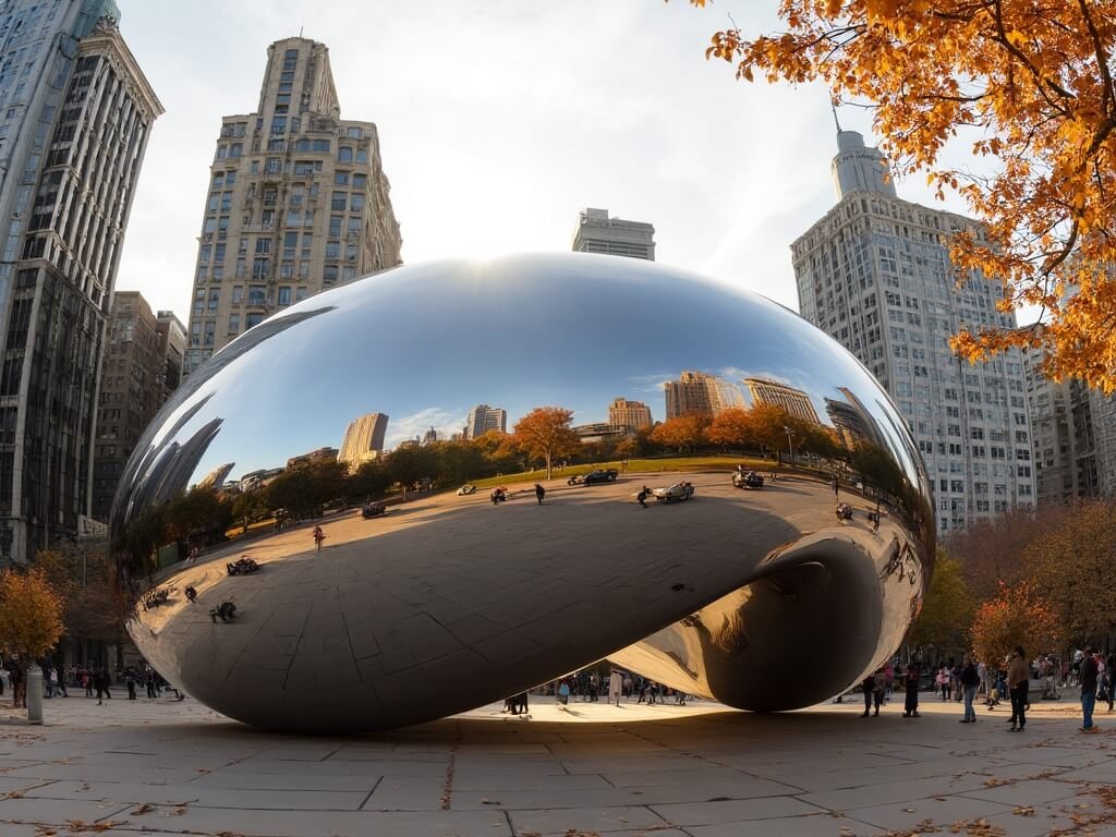Cloud Gate sculpture reflecting Chicago's skyline on an autumn morning with golden sunlight creating shadows and reflections