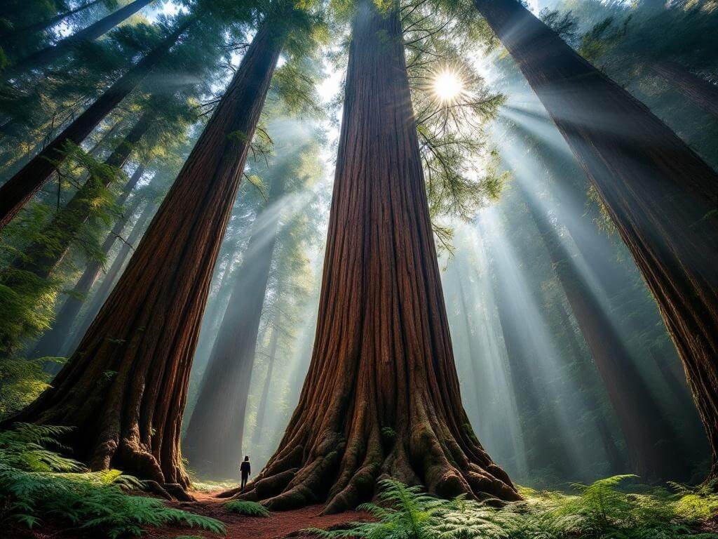 "Majestic 300-foot Redwood tree in Northern California, with a human silhouette for scale, ethereal light rays through morning mist, and lush ferns covering the forest floor."