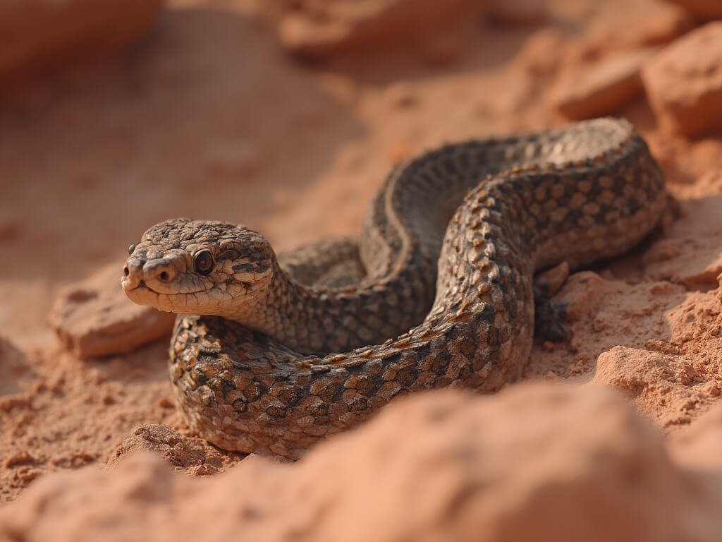 High-resolution image of coiled rattlesnake on red rock terrain with detailed scales and alert posture in soft desert lighting