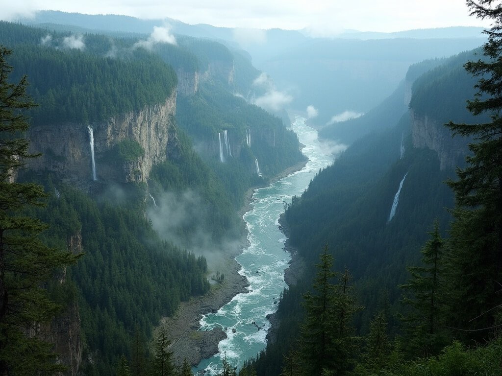 Panoramic view of multiple waterfalls in the Columbia River Gorge with a verdant forest landscape and morning mist