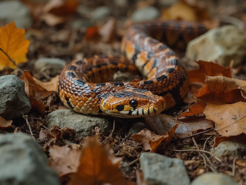 Copperhead snake camouflaged among autumn leaves and rocky woodland terrain