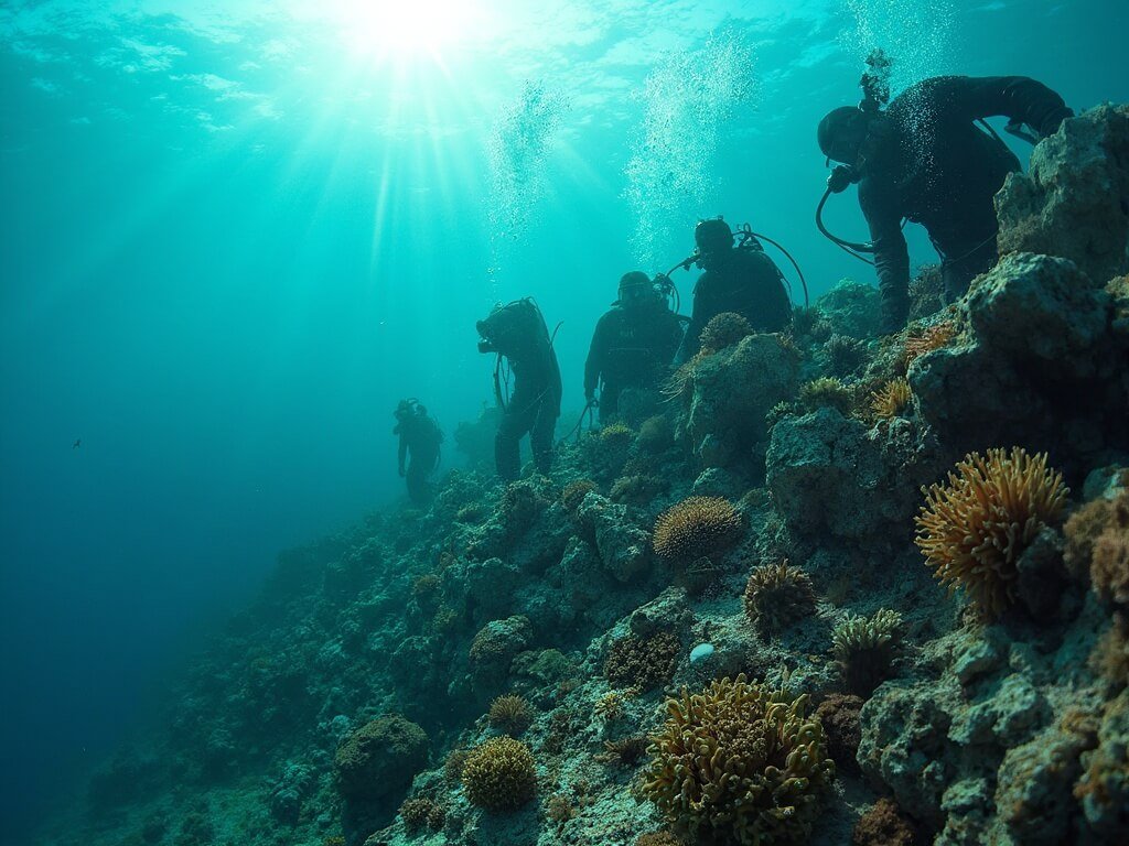 Marine biologists attaching new coral fragments during a coral regeneration project underwater with various species of corals, in clear turquoise water under soft sunlight
