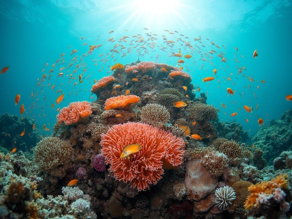 Underwater close-up of a vibrant coral tower surrounded by colorful angelfish in turquoise water