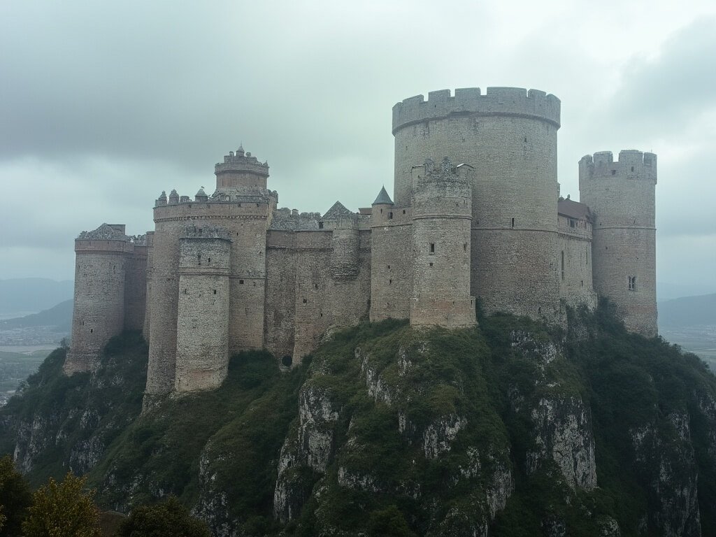 Panoramic view of Corvin Castle's Gothic stone walls and towers on a rocky plateau under a dramatic cloudy sky, illustrating its architectural scale and medieval defensive design, without any human presence