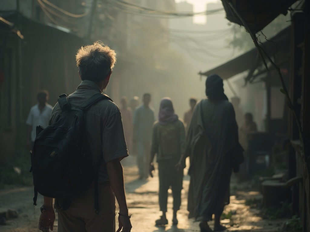 Respectful traveler observing a local community space with subtle body language demonstrating cultural sensitivity, against a muted urban background illuminated by soft natural lighting
