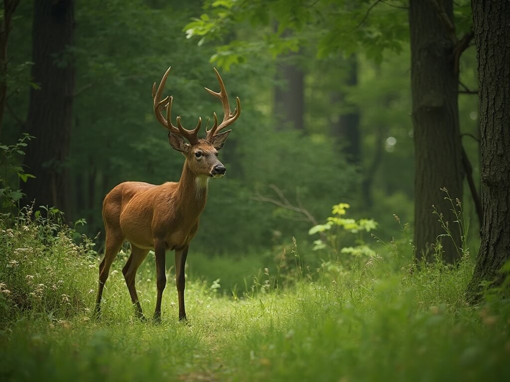 White-tailed deer alert in a sunlight-dappled clearing amid Shenandoah National Park's lush woodland vegetation