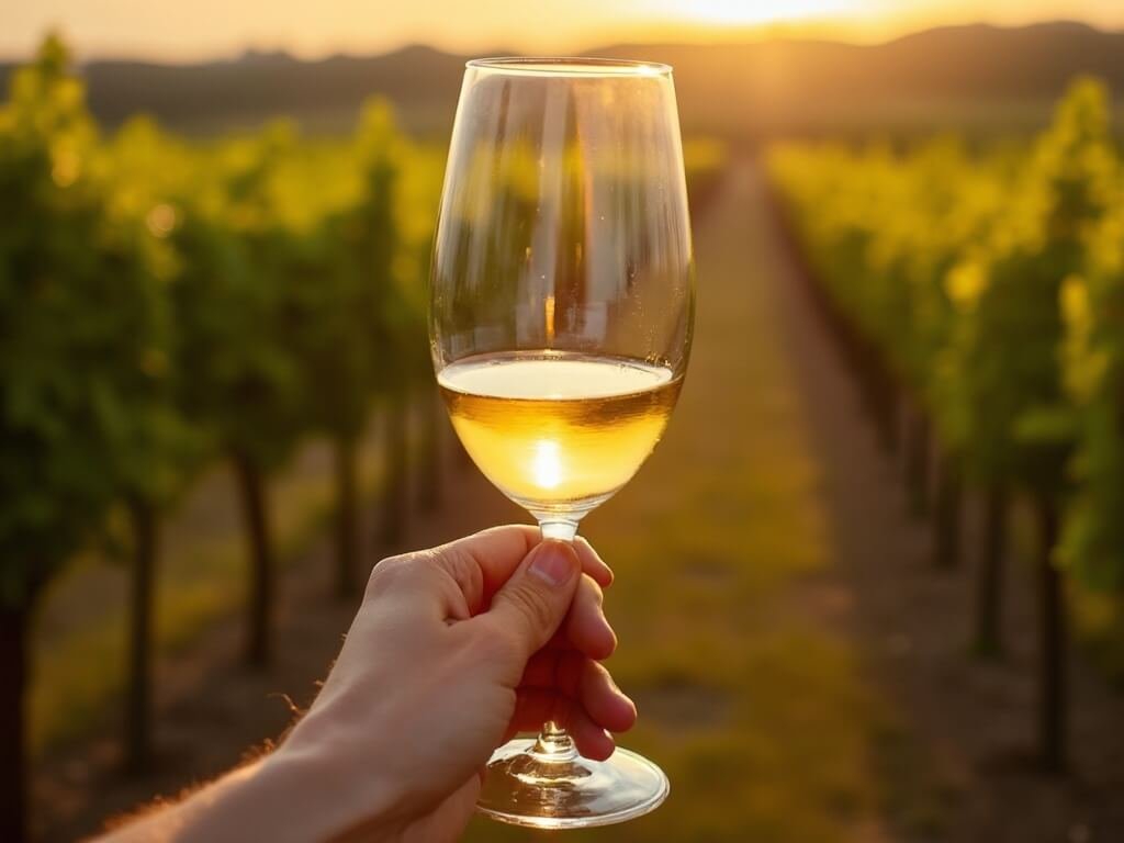Wine glass held delicely against vineyard backdrop in afternoon sunlight