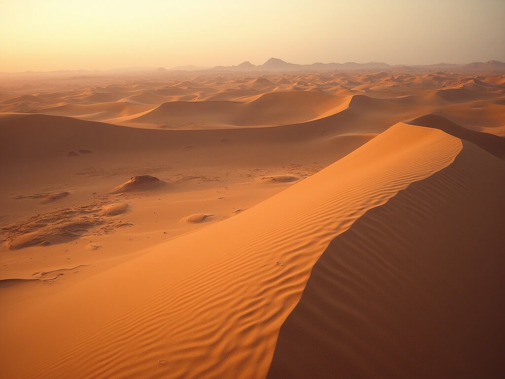 Close-up panoramic image of desert dunes at dawn, highlighted by intricate shadows and soft light