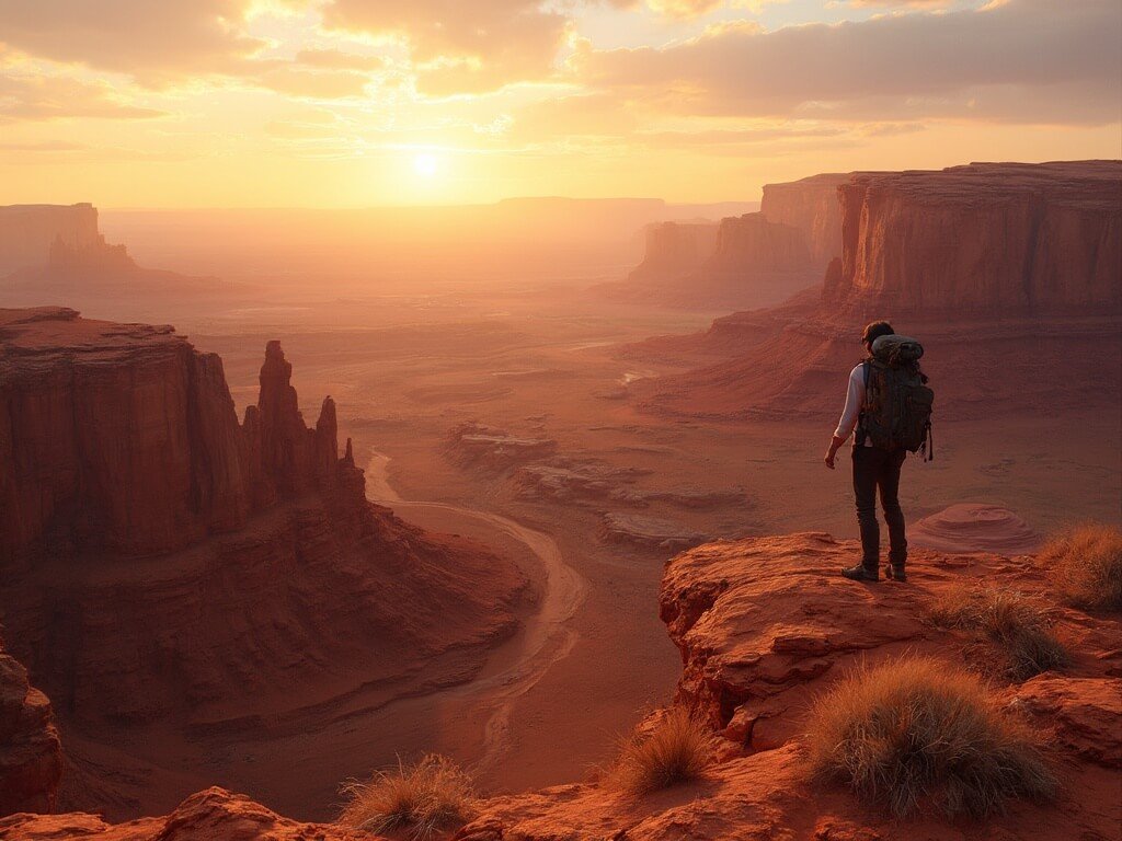 Hiker on red rock formation watching sunrise over sandstone buttes and desert trails