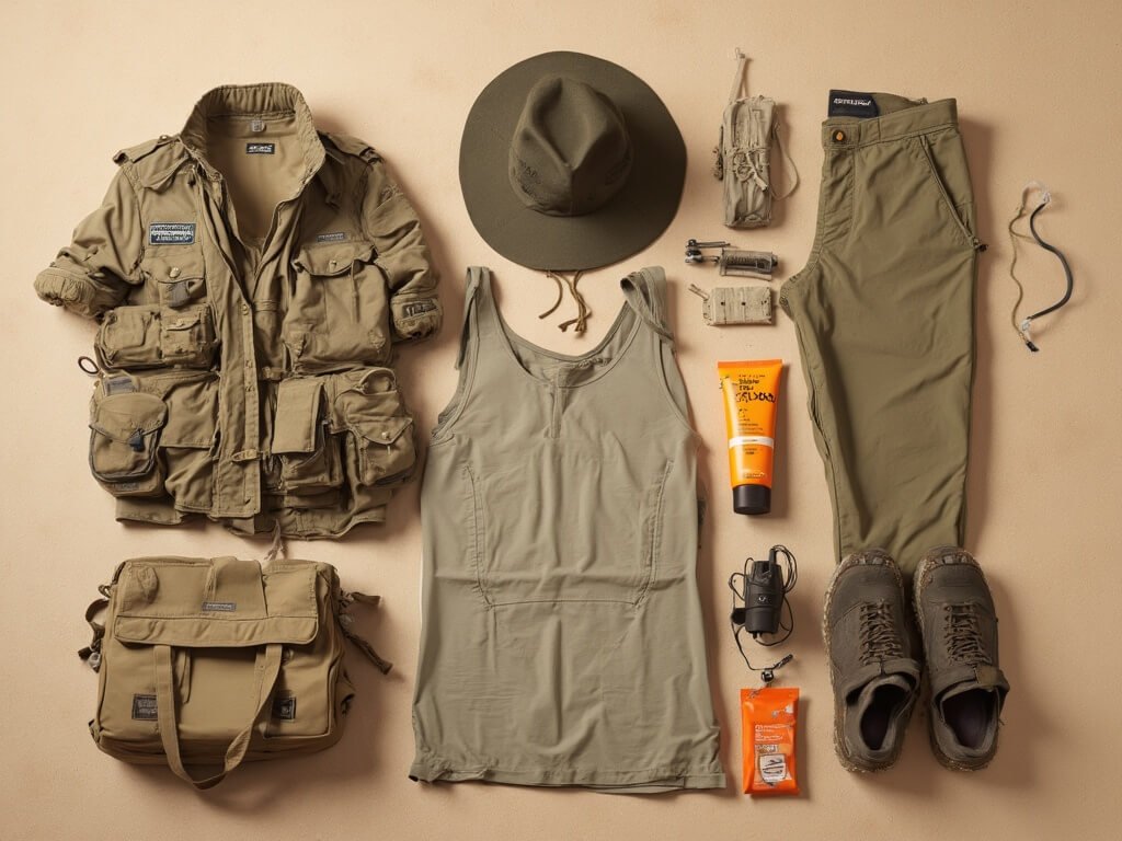 Desert survival gear meticulously arranged on neutral background, including breathable clothing, wide-brimmed hat, high-SPF sunscreen, electrolyte packets, compact first-aid kit, and sand-resistant footwear under professional lighting.