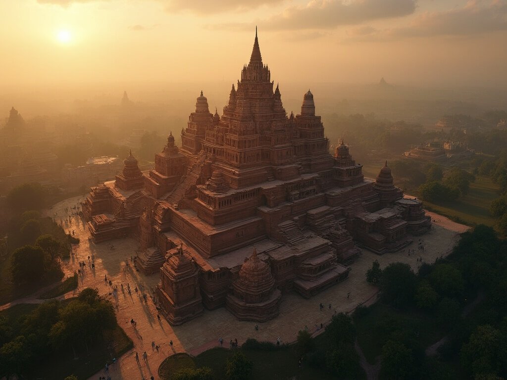 Aerial view of Dhammayangyi Temple at golden hour with dramatic lighting and shadows highlighting the unfinished brickwork and vast surrounding landscape of temples and green vegetation