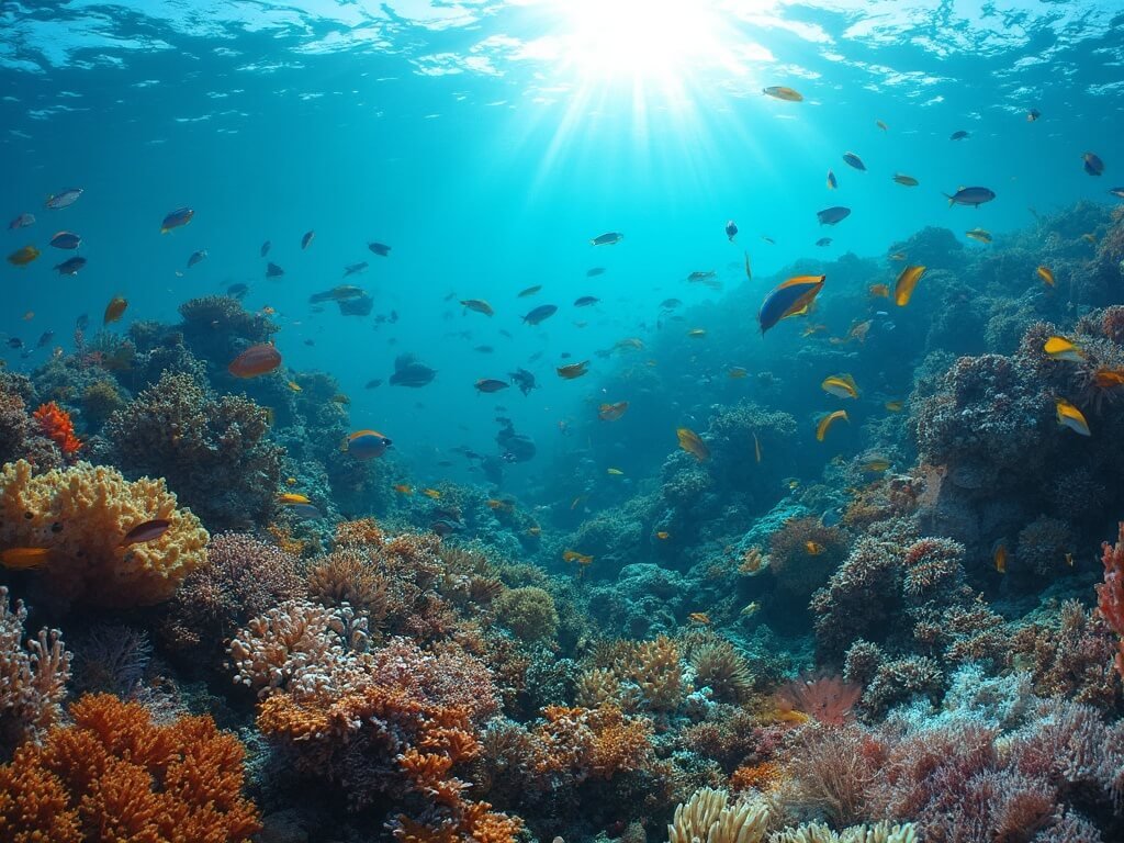 Wide-angle view of a vibrant marine ecosystem featuring diverse coral species, schools of tropical fish, and underwater landscapes