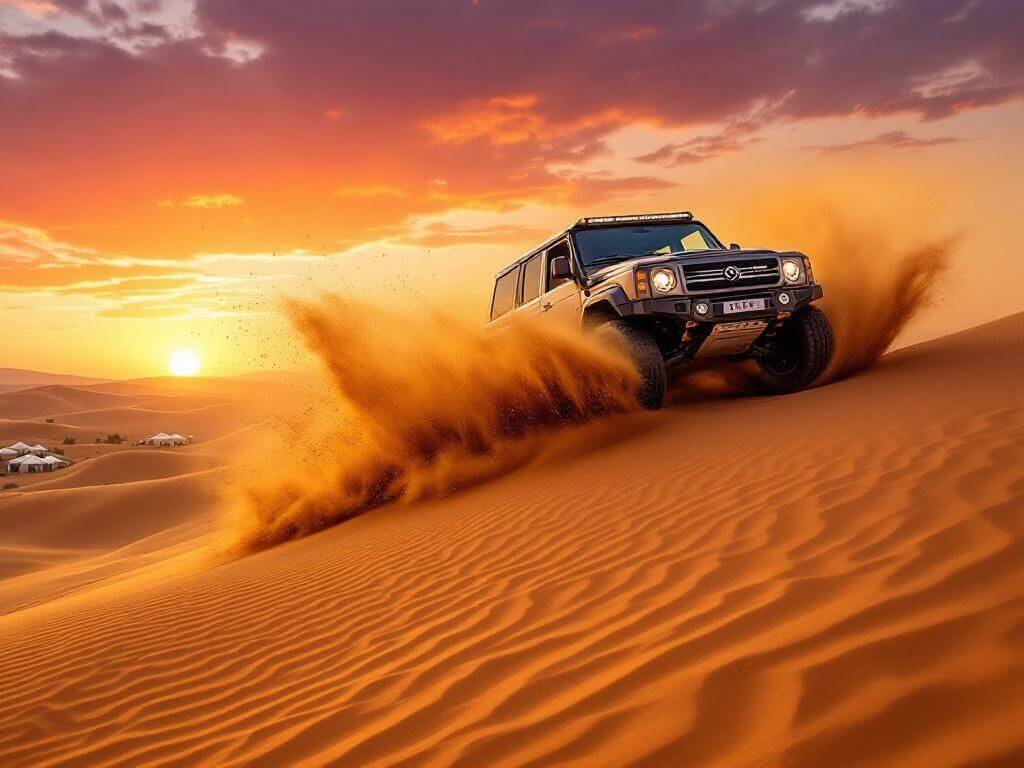 "4x4 vehicle dune bashing at sunset in Dubai's desert with a distant Bedouin camp"