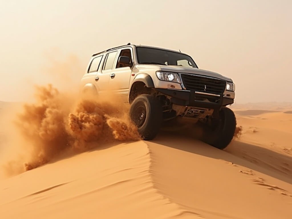 4x4 vehicle dune bashing at a steep angle in a desert safari, with sand spraying from the wheels