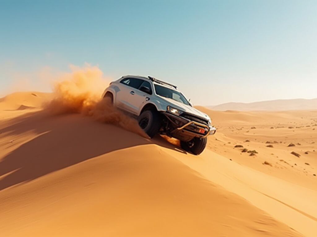 High-speed 4x4 vehicle sliding sideways down a steep sand dune in a pristine desert landscape under a clear blue sky, illustrating an intense dune bashing moment with no driver faces visible