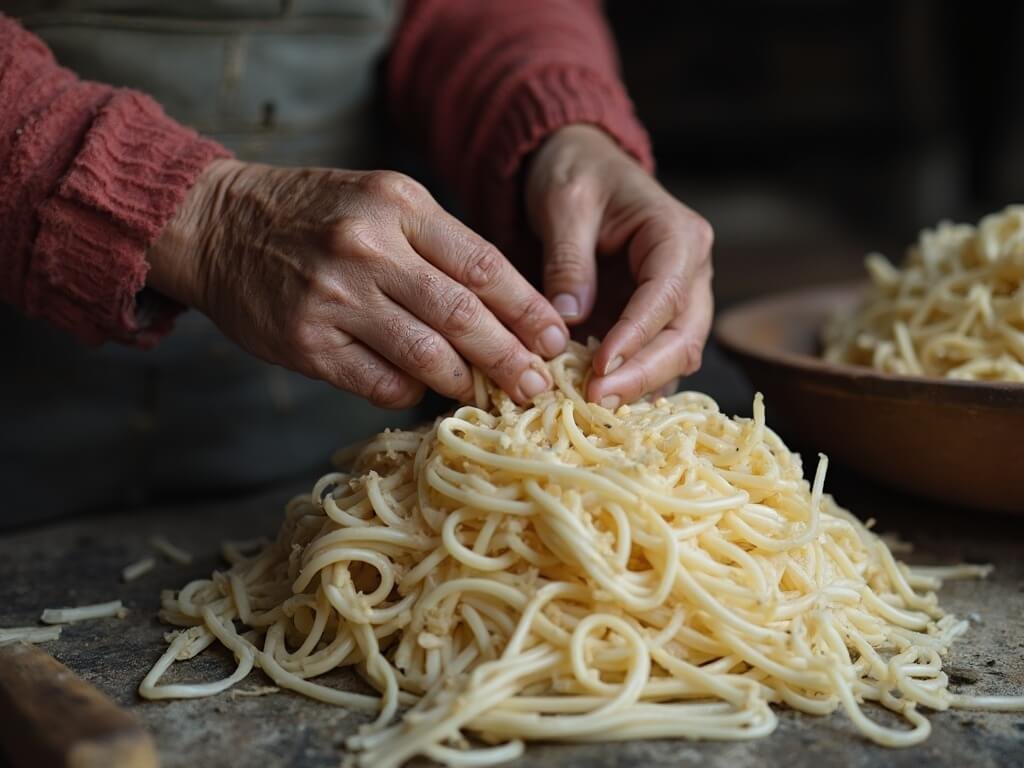 Elderly Cambodian woman's weathered hands intricately preparing traditional num banh chok rice noodles in a rustic kitchen