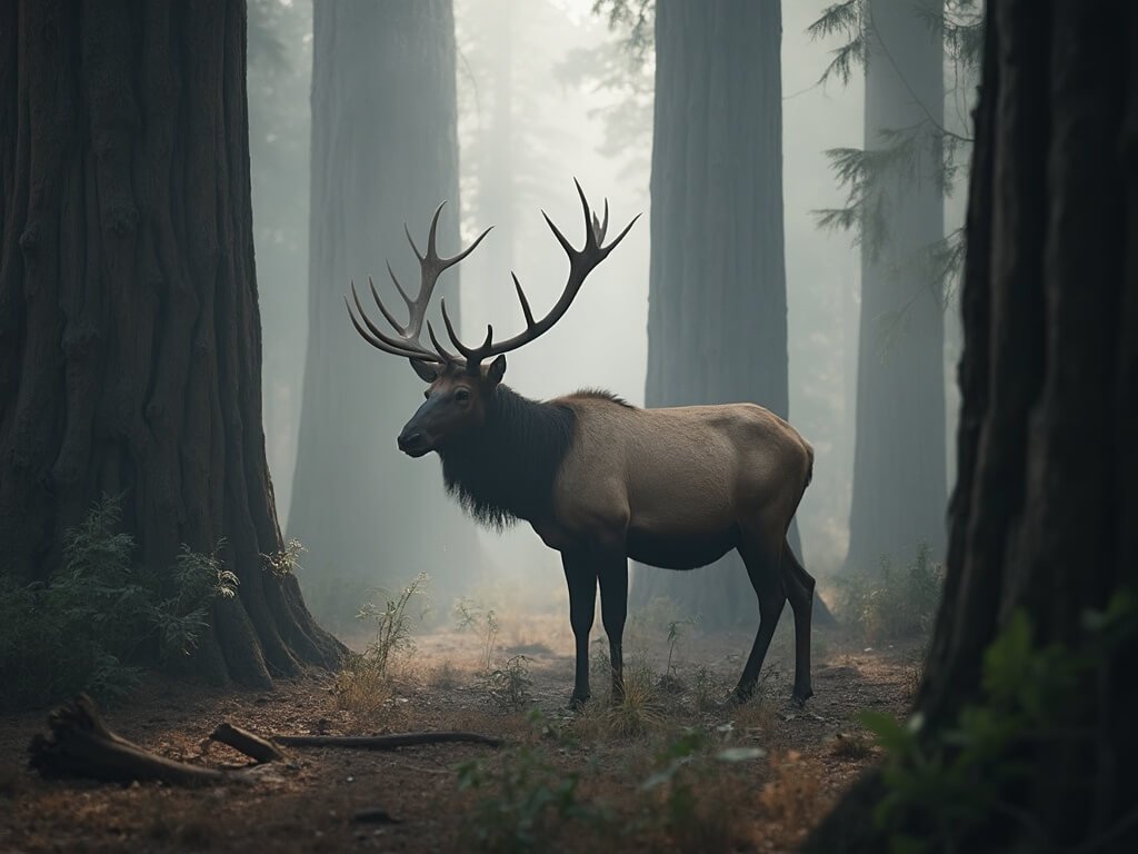 Majestic Roosevelt elk in a misty redwood forest clearing surrounded by massive tree trunks in early morning light