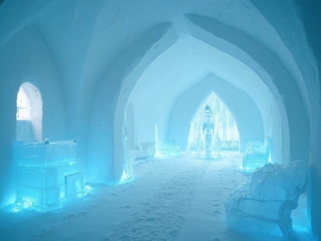 Ethereal ice room interior with delicate sculptures and carved walls at the Ice Hotel under soft blue lighting
