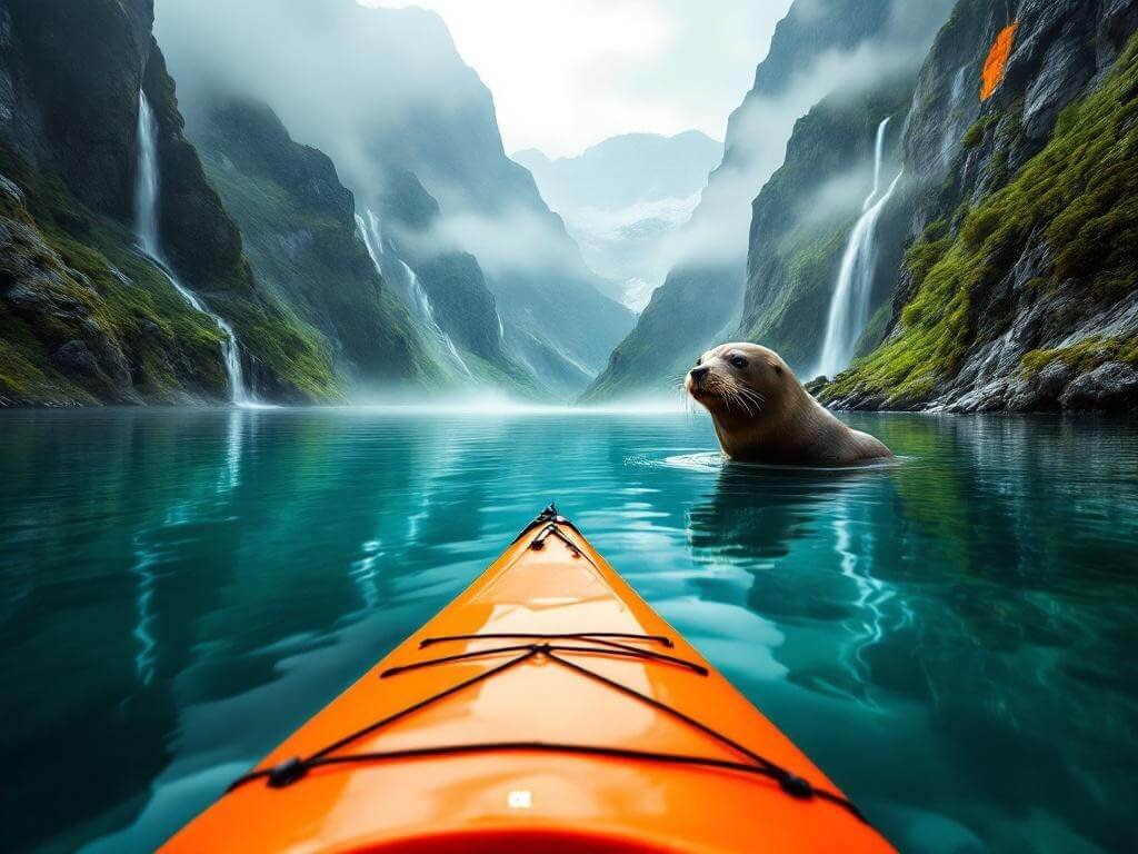 First-person view from a kayak on clear Norwegian fjord with steep green cliffs, cascading waterfalls, a harbor seal, and soft golden lighting.