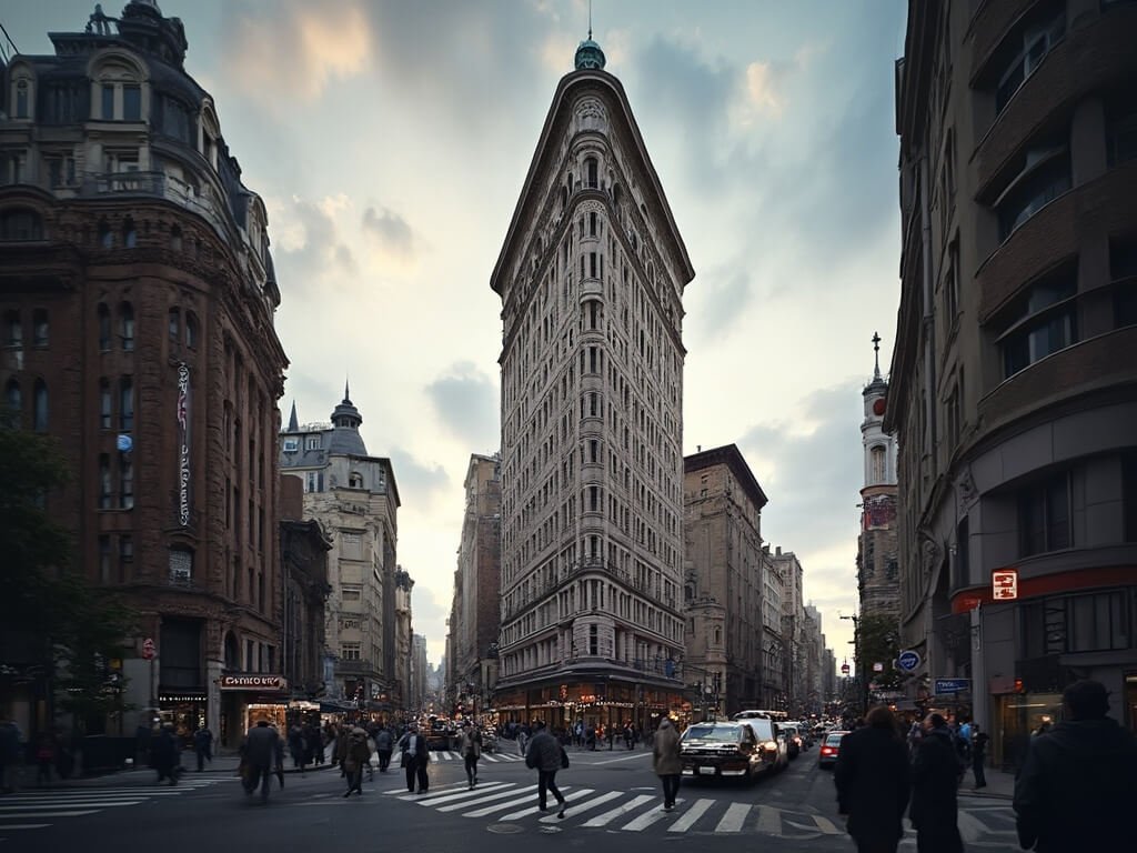 Pedestrians bustling around the intricately detailed Flatiron Building under a dramatic sky in high-contrast, dynamic street photography