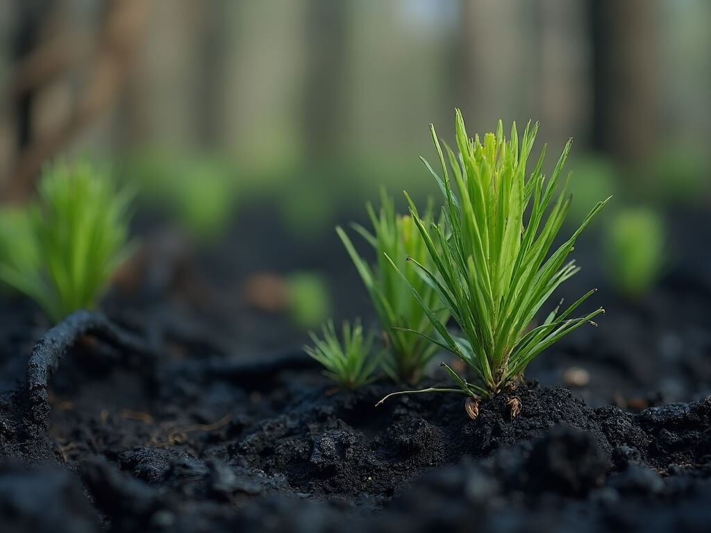 New conifer seedlings sprouting in a charred landscape showing forest regeneration after wildfire