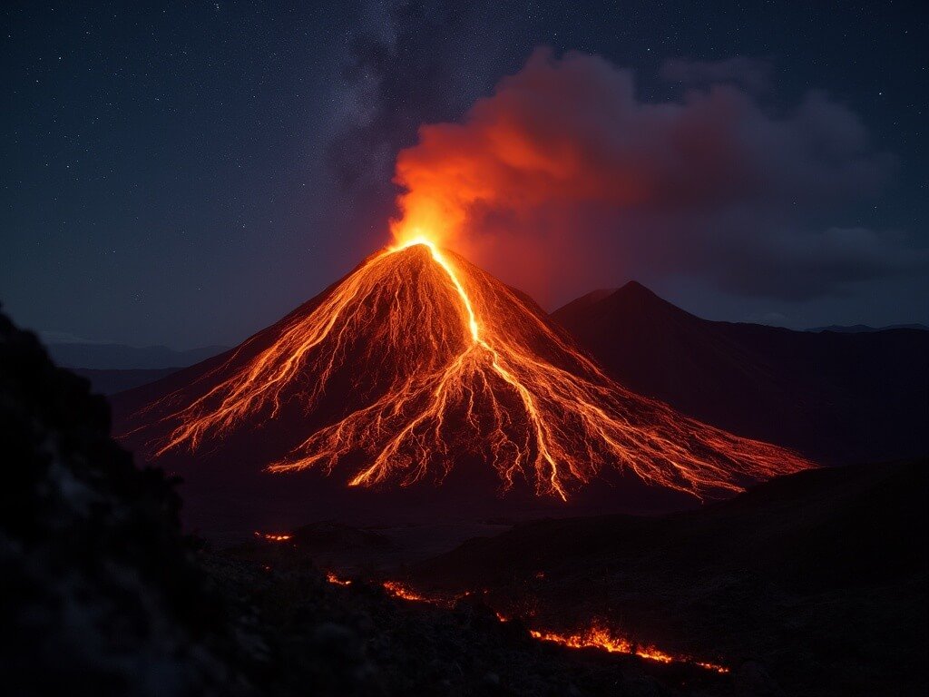 Active Fuego volcano eruption at night with glowing lava streams illuminating dark landscape against a starry sky