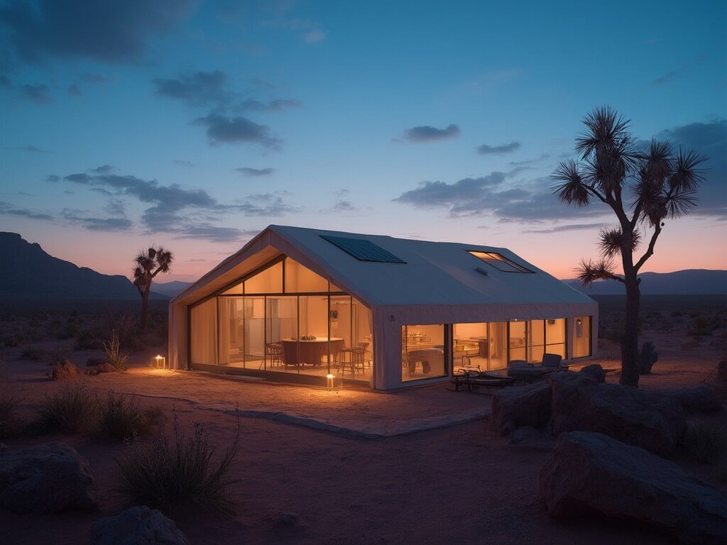 High-tech solar-powered glamping site at twilight featuring sleek smart tents with charging stations, under the soft ambient lighting, overlooking the panoramic desert wilderness.