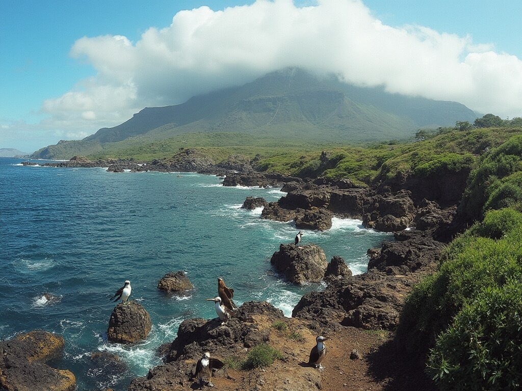 Panoramic view of Galápagos Islands' diverse ecosystem featuring rocky coastline, volcanic landscape, lush vegetation, blue-footed boobies and sea lions