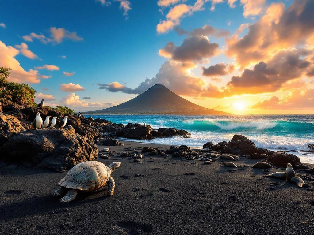 "Galápagos tortoise and sea lion on volcanic black sand beach, blue-footed boobies on dark rocks, marine iguanas under sunset light, and Sierra Negra volcano silhouette under turquoise sky"