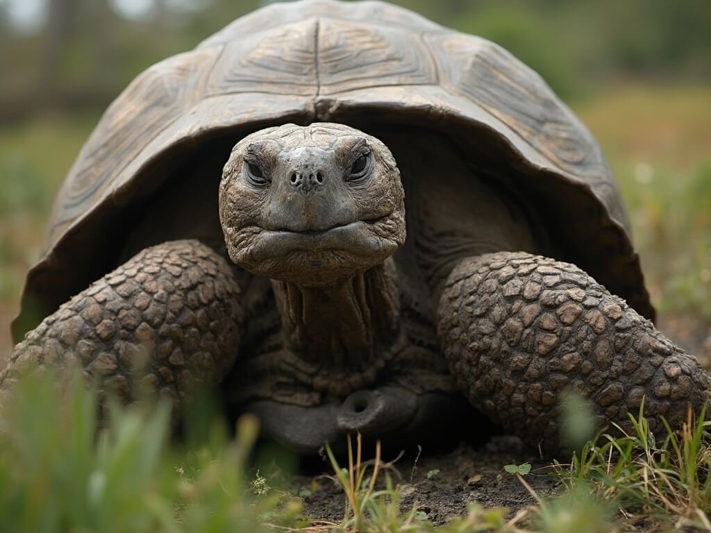 Close-up image of a giant Galápagos tortoise showcasing intricate shell textures, surrounded by native vegetation under soft natural lighting, highlighting its ancient and weathered appearance