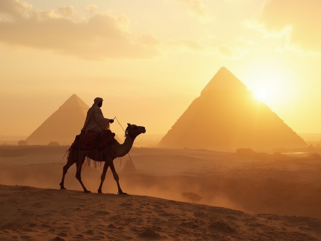 Bedouin rider on camel in Giza Plateau with pyramids at golden hour