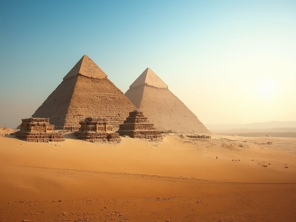 Sunrise over the Great Pyramids of Giza with golden light highlighting the stone structures, clear blue sky above and desert sand in the foreground