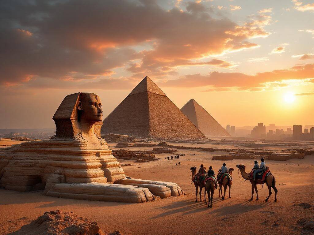 "Tourists on camel rides near the Great Sphinx with Pyramids of Giza at sunset, displaying architectural details and Cairo's skyline in the distance"